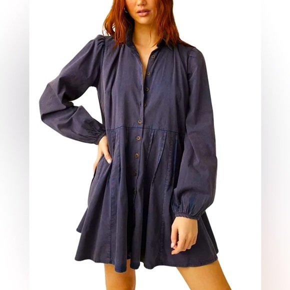 Free People Marvelous Mia Solid Mini Dress Buttondown Babydoll Long Sleeve Small - Picture 1 of 10